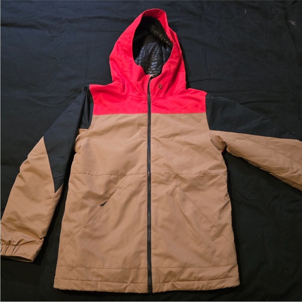 Youth Hooded Volcom Ski Snowboard Jacket - Red, Black & Brown